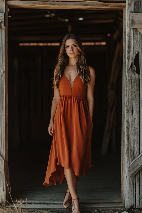 A woman wears a V neck orange wedding guest dress with matching heels