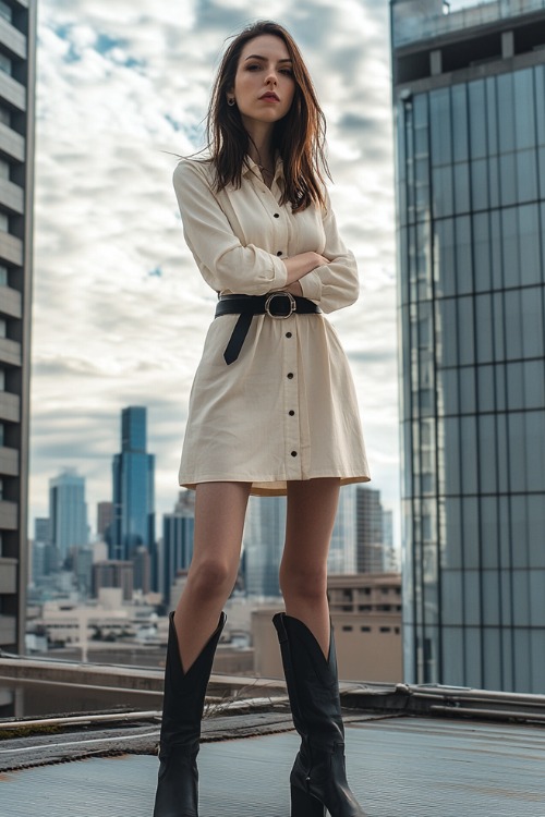 A woman wears a beige button-up dress with black cowboy boots