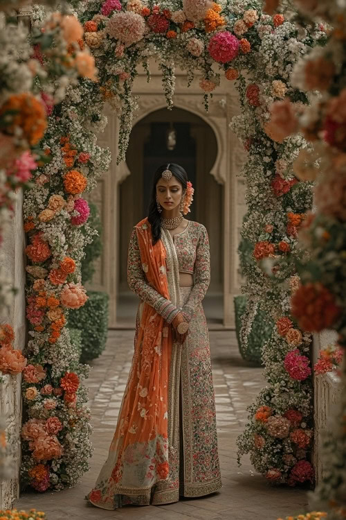 A woman wears a beige floral lehenga as wedding guest dress with an orange dupatta