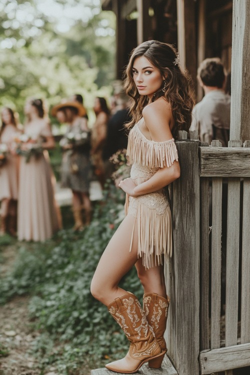 A woman wears a beige fringe off-the-shoulder wedding guest dress with tan cowboy boots