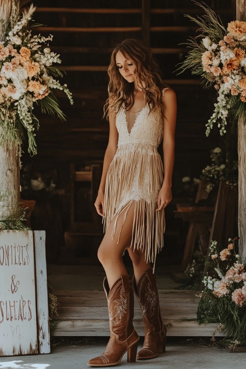 A woman wears a beige fringe wedding guest dress with brown cowboy boots