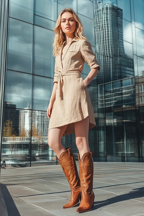 A woman wears a beige wrap dress with brown cowboy boots (2)