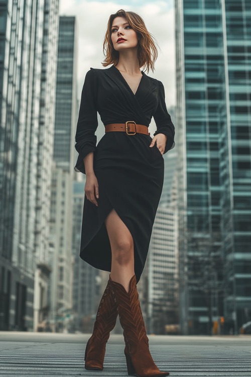 A woman wears a black belted dress with brown cowboy boots (2)