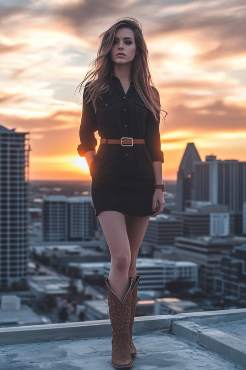 A woman wears a black belted dress with brown cowboy boots