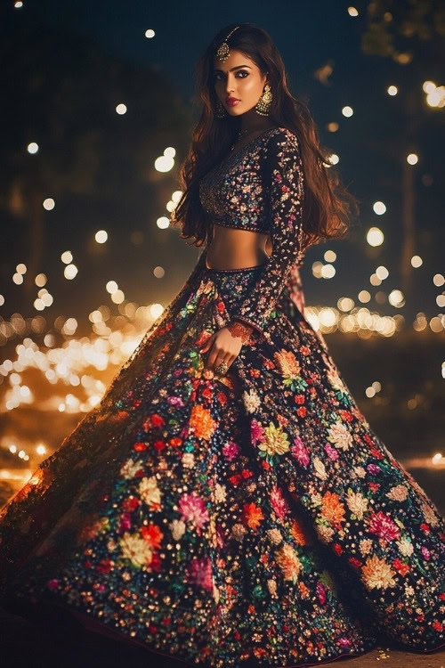 A woman wears a black floral lehenga as wedding guest dress