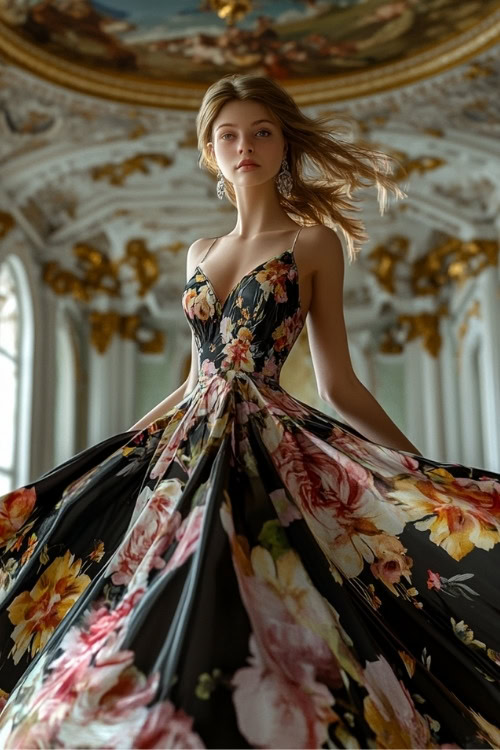 A woman wears a black floral wedding guest dress and a V neckline