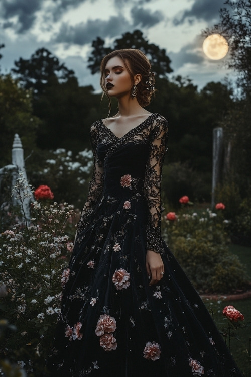 A woman wears a black floral wedding guest dress with a V neckline and lace long sleeves