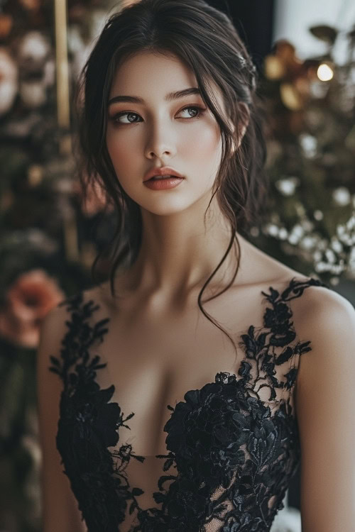 A woman wears a black floral wedding guest dress with a deep V neckline and intricate floral lace details