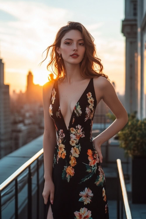 A woman wears a black floral wedding guest dress with a deep V neckline