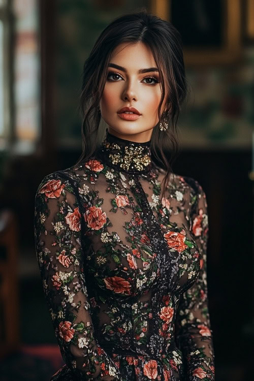 A woman wears a black floral wedding guest dress with sheer long sleeves and a high collar