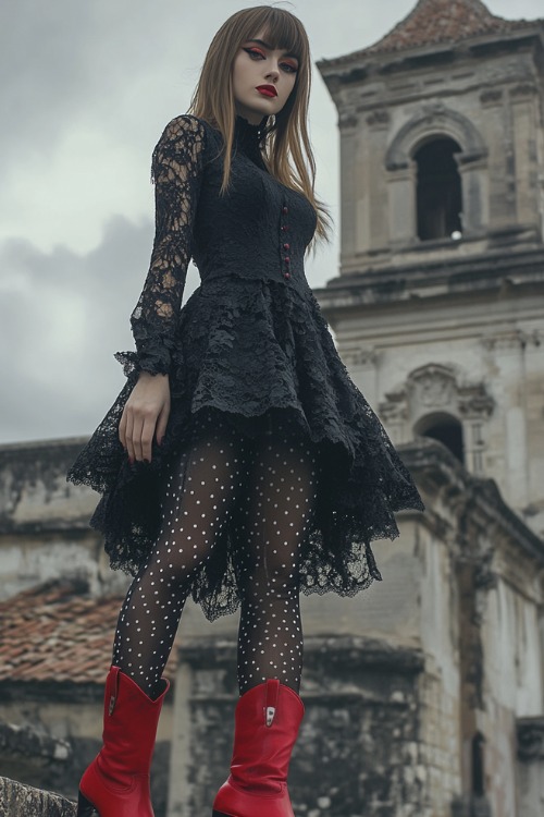 A woman wears a black lace high-low dress, polka dot tights, and red cowboy boots