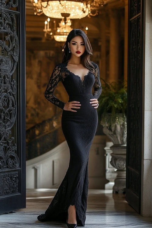 A woman wears a black lace long-sleeve wedding guest dress with a deep V neckline