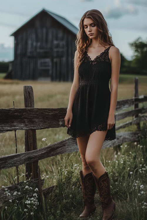 A woman wears a black lace mini dress with brown cowboy boots