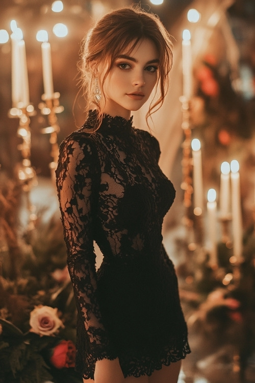 A woman wears a black lace short wedding guest dress with a high neckline