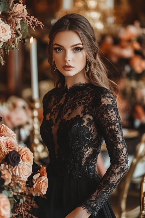 A woman wears a black lace short wedding guest dress with long sleeves