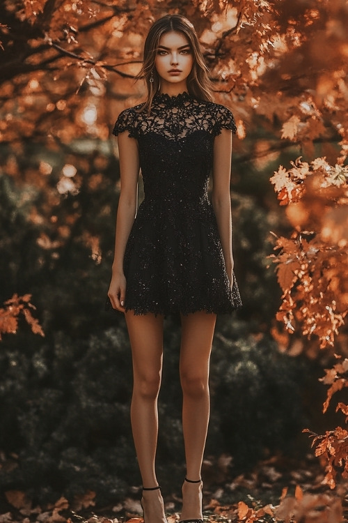 A woman wears a black lace wedding guest dress with cap sleeves and ankle-strap heels