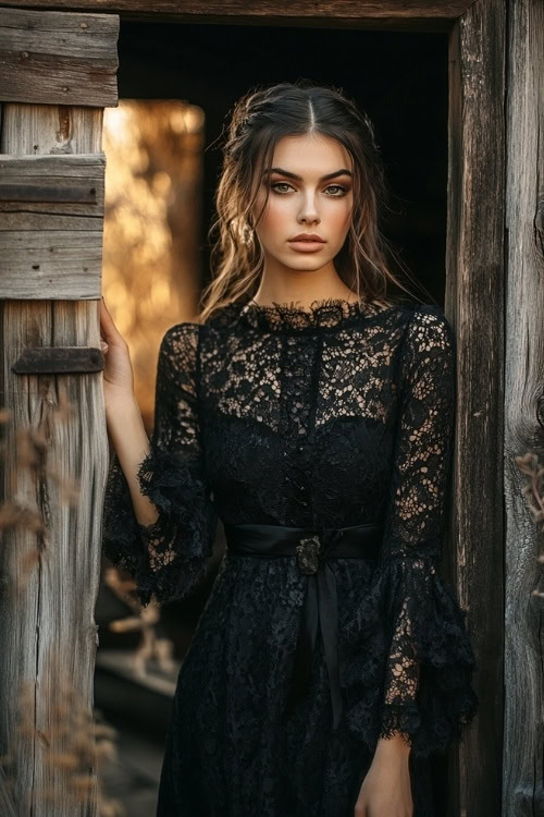 A woman wears a black lace wedding guest dress with long sleeves