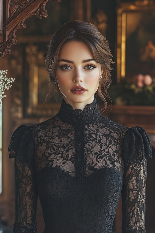 A woman wears a black lace wedding guest dress with puffed shoulders and a high neckline