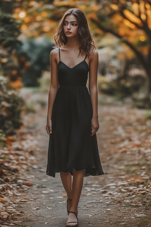 A woman wears a black midi wedding guest dress with thin straps and a simple design