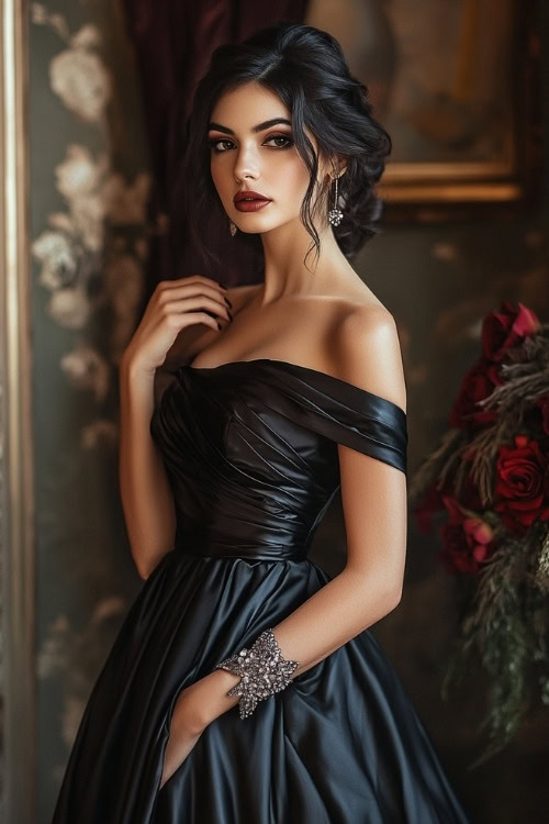 A woman wears a black off-the-shoulder satin wedding guest dress with a ruched bodice