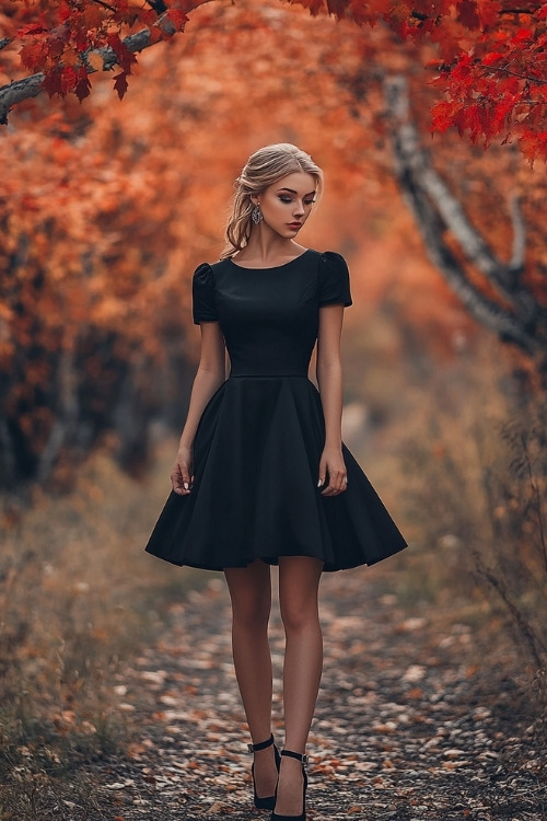 A woman wears a black short-sleeve wedding guest dress with a flared skirt and black ankle-strap heels