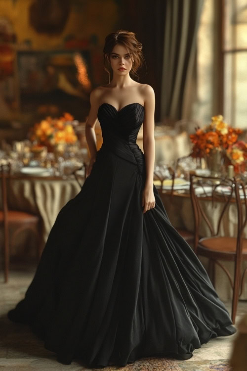 A woman wears a black strapless satin wedding guest dress with a full flared skirt