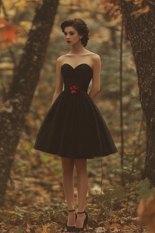 A woman wears a black strapless wedding guest dress with a red rose detail and black ankle-strap heels