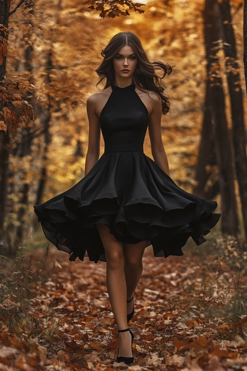 A woman wears a black wedding guest dress with a high neckline, a layered ruffled skirt, and black heels