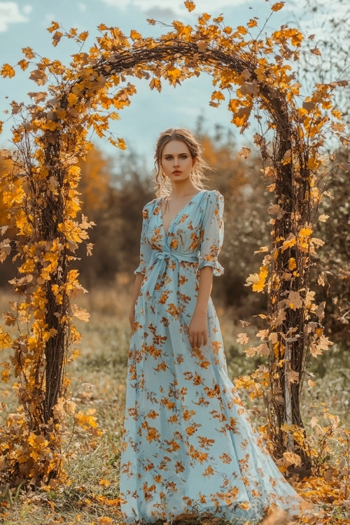 A woman wears a blue floral wedding guest dress with a wrap design