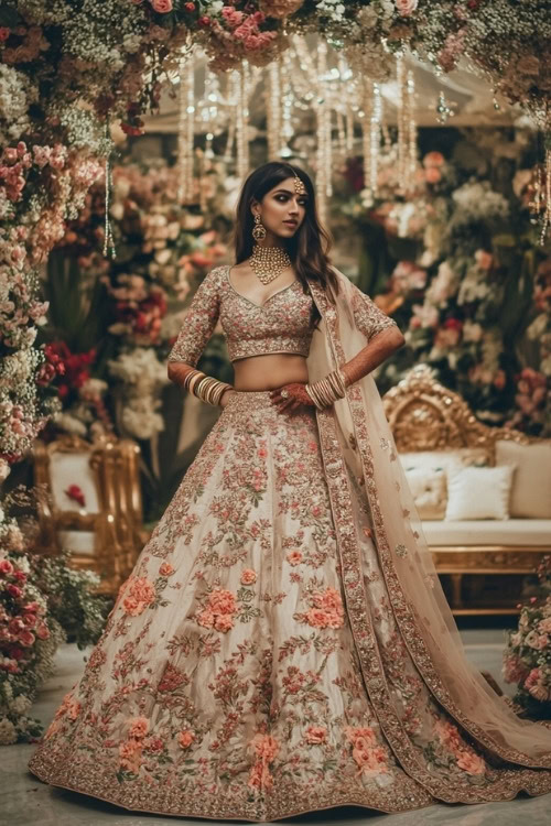 A woman wears a blush pink floral embroidered lehenga with a matching blouse and dupatta as a wedding guest dress