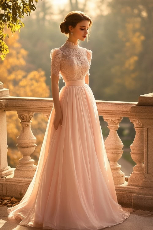 A woman wears a blush pink high-neck lace wedding guest dress with cap sleeves and a flowing skirt