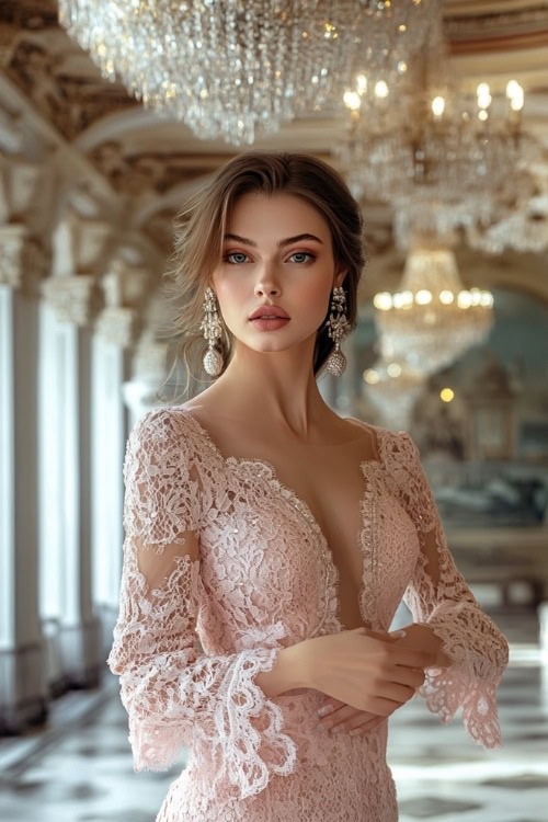 A woman wears a blush pink lace wedding guest dress with long sleeves and floral details