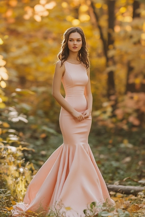 A woman wears a blush pink mermaid wedding guest dress with a high neckline