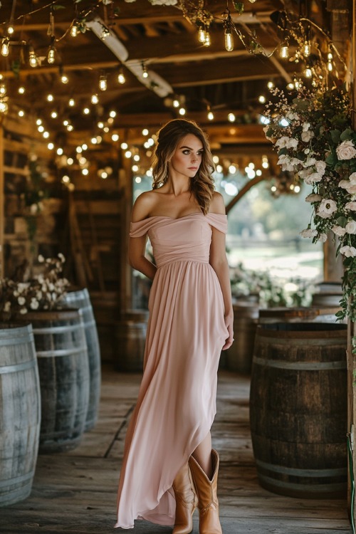 A woman wears a blush pink off-the-shoulder wedding guest dress with tan cowboy boots