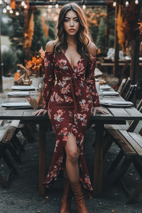 A woman wears a brown floral wedding guest dress witth brown boots