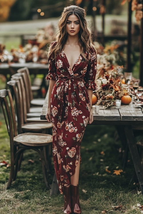 A woman wears a burgundy floral wedding guest dress with a wrap style and short boots