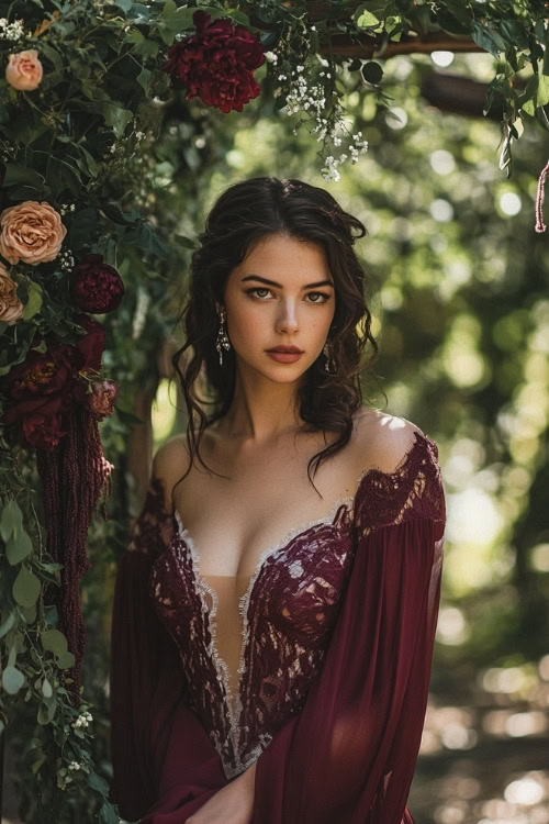 A woman wears a burgundy off-shoulder wedding guest dress with lace detailing