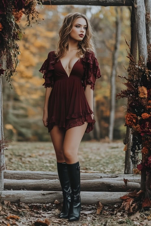 A woman wears a burgundy short wedding guest dress with ruffled sleeves and black boots