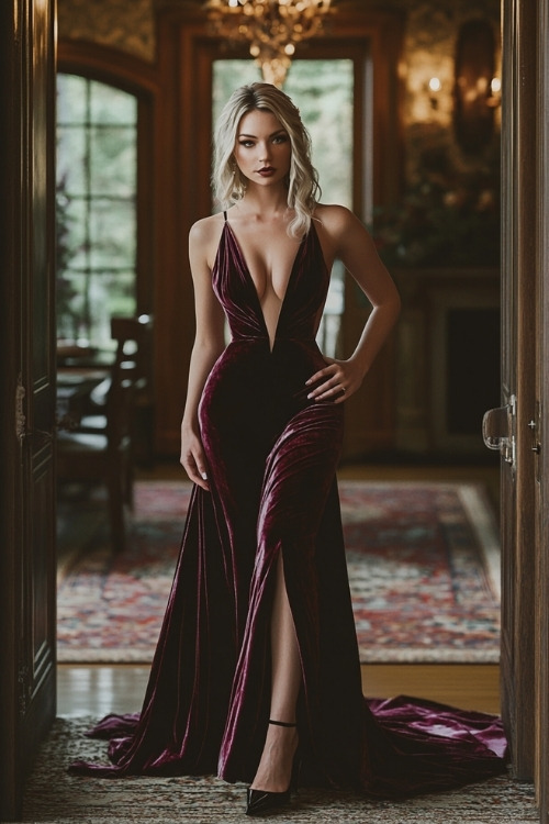 A woman wears a burgundy velvet wedding guest dress with a plunging neckline and a high slit