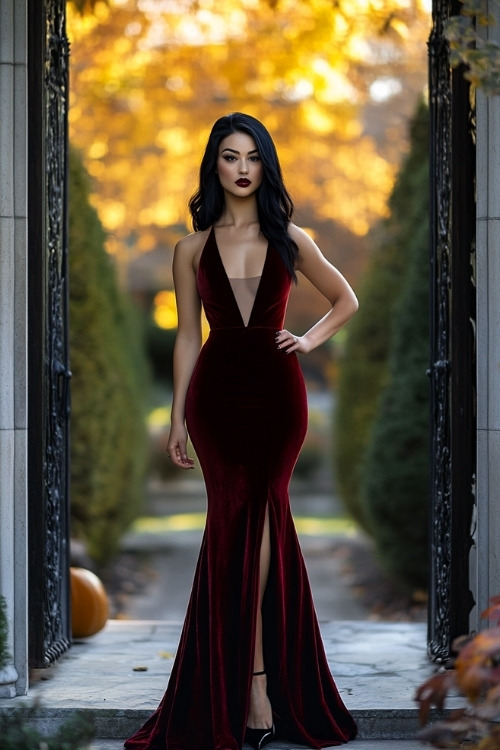 A woman wears a burgundy velvet wedding guest dress with a plunging neckline and a thigh-high slit