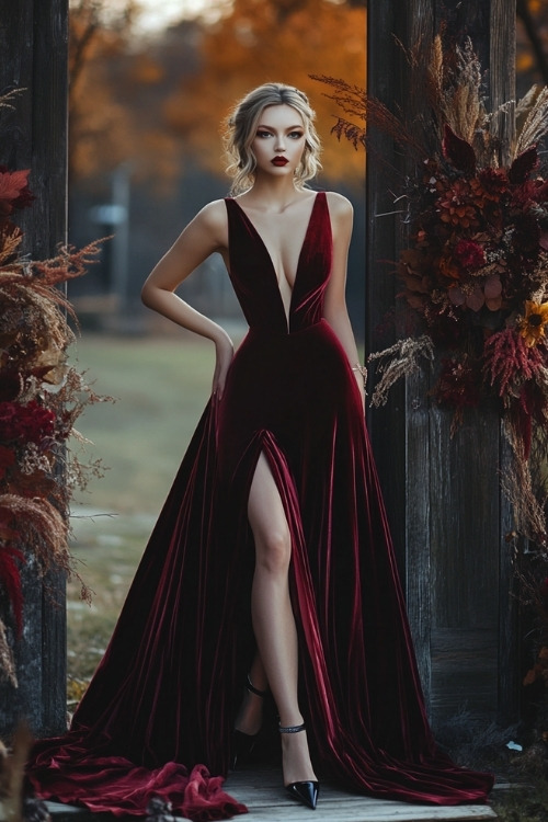 A woman wears a burgundy velvet wedding guest dress with a plunging neckline and black pointed toe heels