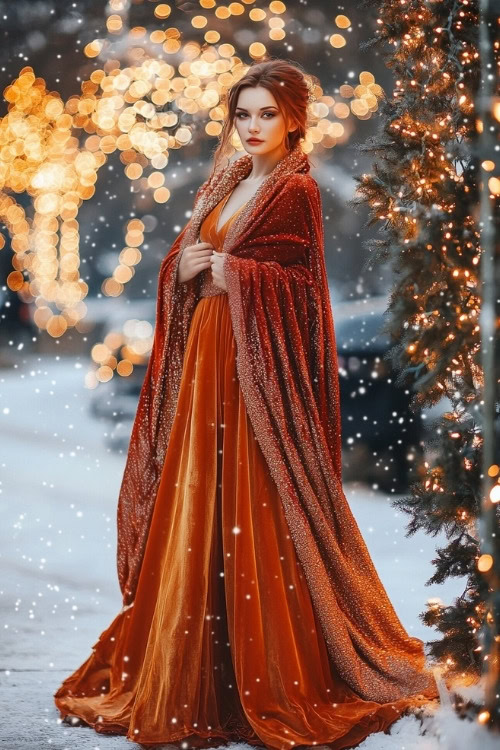 A woman wears a burnt orange wedding guest dress with a fur coat