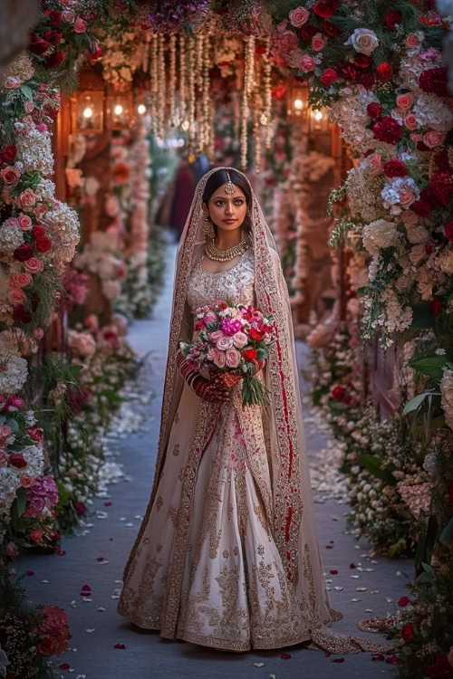 A woman wears a cream-colored floral lehenga as wedding guest dress with gold embroidery and a matching dupatta