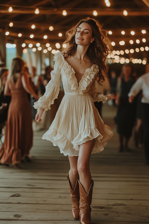 A woman wears a cream ruffled wedding guest dress with tan cowboy boots