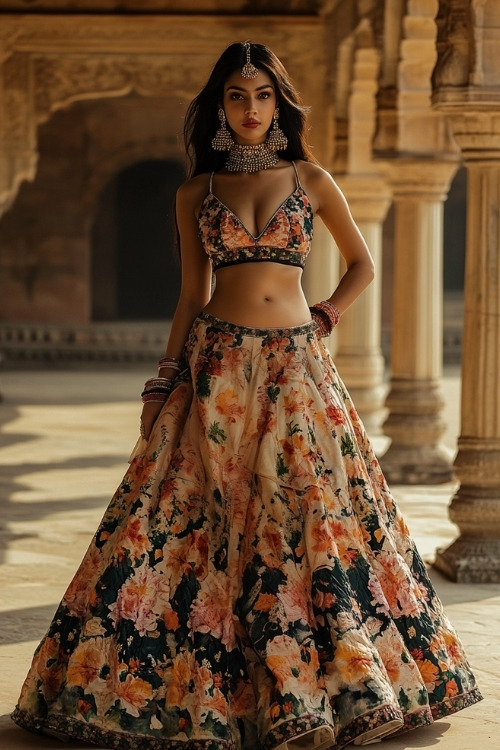 A woman wears a dark floral lehenga as wedding guest dress with statement jewelry