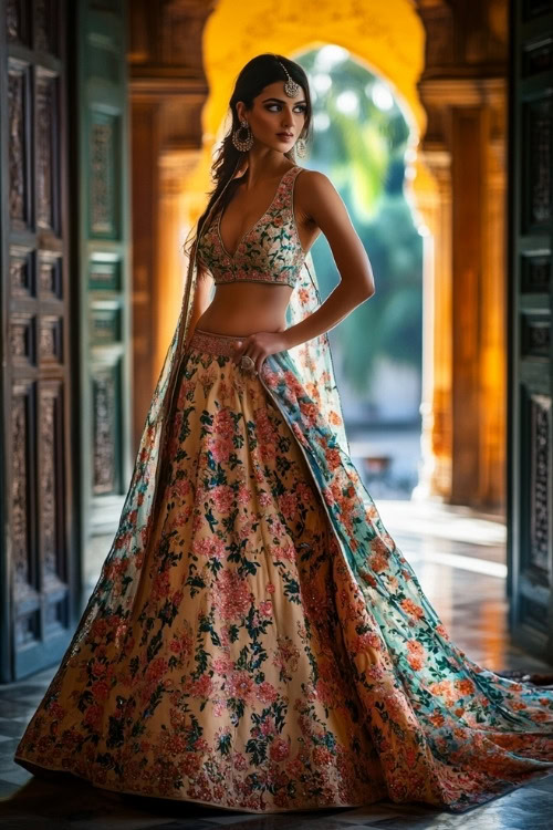 A woman wears a dark floral lehenga as wedding guest dress