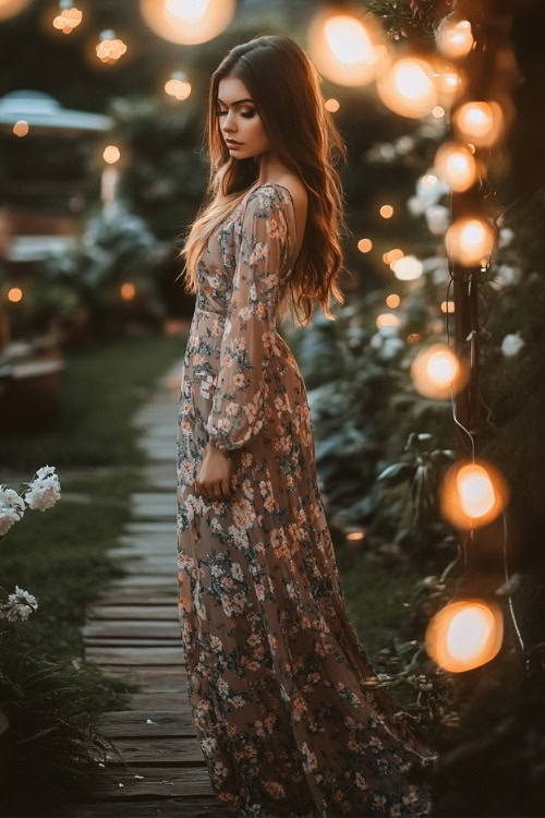 A woman wears a dark floral wedding guest dress with long sleeves and a flowing skirt