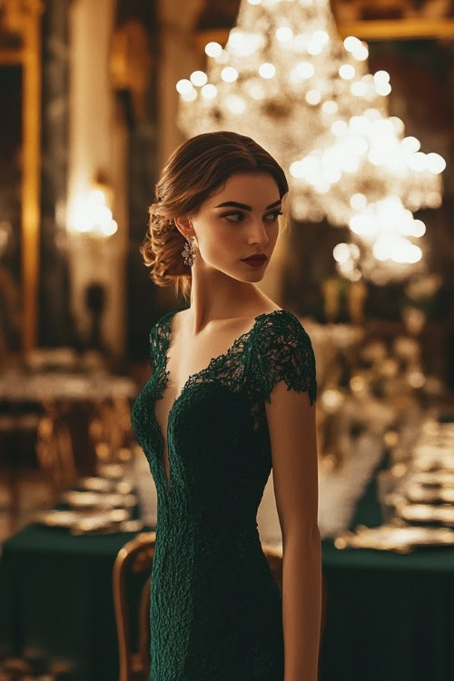 A woman wears a dark green lace wedding guest dress with short sleeves