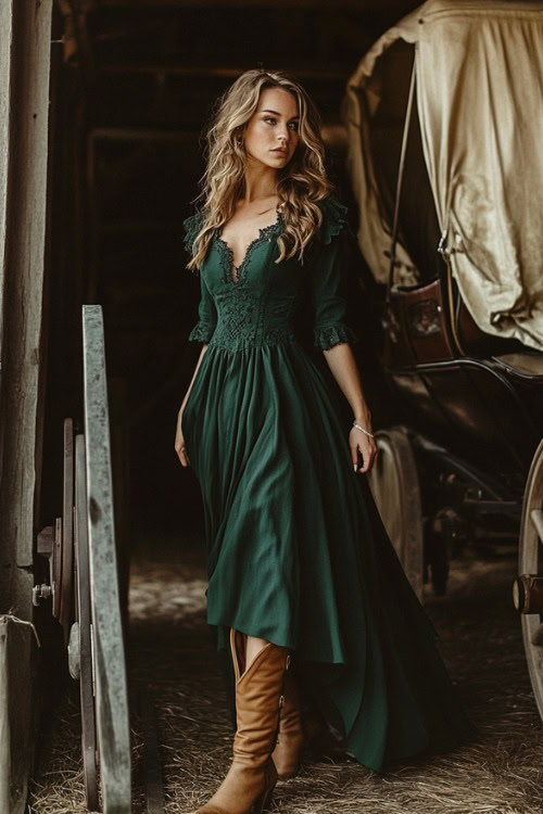 A woman wears a dark green lace wedding guest dress with tan cowboy boots