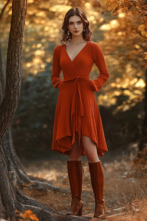 A woman wears a dark orange wedding guest dress with tall brown boots